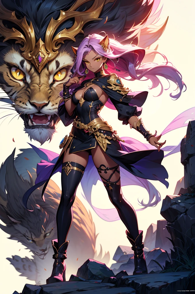 There is lost coliseum there stand female lioness in battle stance, she have ebony colour skin beautiful yellow cat eyes dark gold eyeshadows make up, ring style earrings, her hair is purple with pink highlights . she dressed in white neather topic with golden parts on countures also short and white leather straps on her cat legs instead of boots, her hands have hude ruby claws on her fingers, (ultra high quality fantasy art, anime fantasy style, masterpiece, ultra high quality character design, 8k quality anime art, realistic anime art, top quality wallpaper illustration, detailed ultra high quality accurate face, high quality design and accurate physic)