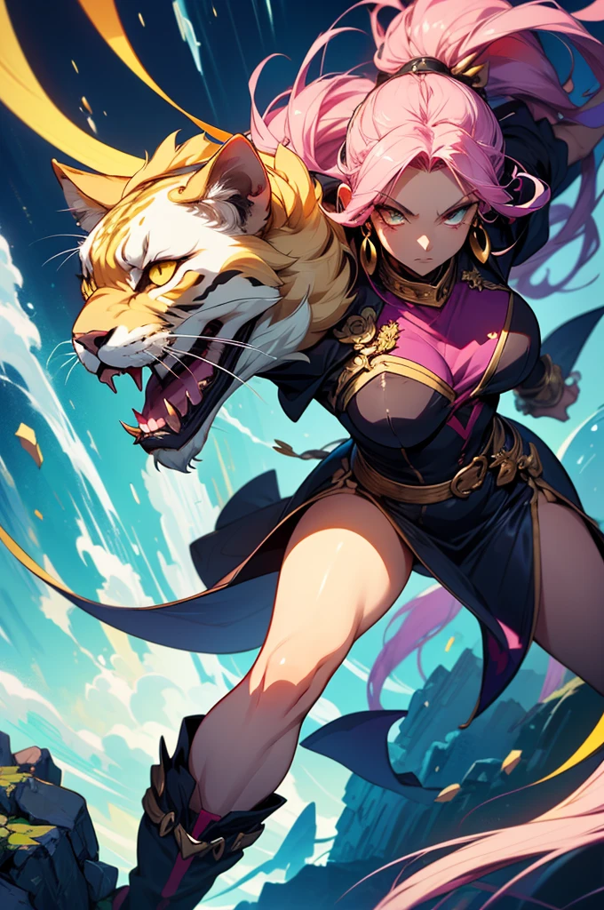 There is lost coliseum there stand female lioness in battle stance, she have ebony colour skin beautiful yellow cat eyes dark gold eyeshadows make up, ring style earrings, her hair is purple with pink highlights . she dressed in white neather topic with golden parts on countures also short and white leather straps on her cat legs instead of boots, her hands have hude ruby claws on her fingers, (ultra high quality fantasy art, anime fantasy style, masterpiece, ultra high quality character design, 8k quality anime art, realistic anime art, top quality wallpaper illustration, detailed ultra high quality accurate face, high quality design and accurate physic)