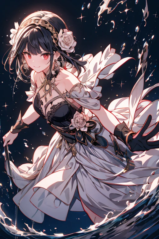 (dynamic angle:1.3, front view:1.1, breast focus:1.3, from below:1.2), (dynamic posing:1.5, sexy posing:1.2, leaning forward), (seductive smiling:1.3),(*K) HD, highest quality, Anime style beutiful woman, 1girl,fullbody, happy, (with sparkling eyes and a contagious smile:1.2), red face, closed mouth, beautiful detailed eyes, super detailed skin, backlighting, bare shoulders, black background, black dress, black gloves, silver hair, breasts, dress, earrings, fingerless gloves, floating hair, floral print, flower, gloves, gold earrings, gold hairband, hair flower, hair ornament, hairband, holding, holding two-hands weapon, jewelry, medium breasts, long hair, looking at viewer, off-shoulder dress, off shoulder,red eyes, short hair with long locks, sidelocks, solo, spikes, thighs, two-sided dress, two-sided fabric, weapon, fighting stance , face, close up, from above, highest quality, high resolution,Real World, Natural light,perfect Natural light,looking at viewer,
