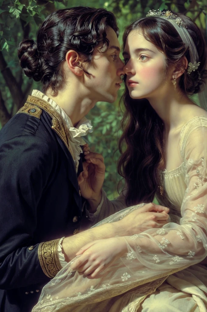 ((Best quality)), ((masterpiece)), (detailed), ((perfect face)), ((face focus)) "A young couple, dressed in 19th-century attire, sharing a kiss."