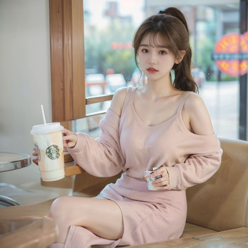 Solo, A 23 yo girl in border colored knit with pastel pink and white, (people in shop:1.2), portrait, close up, looks front, (strong make up:1.2), curly ponytail, brown hair, orange red cheek, smooth skin, in a starbucks, iced coffee on table, blurred brown door in background