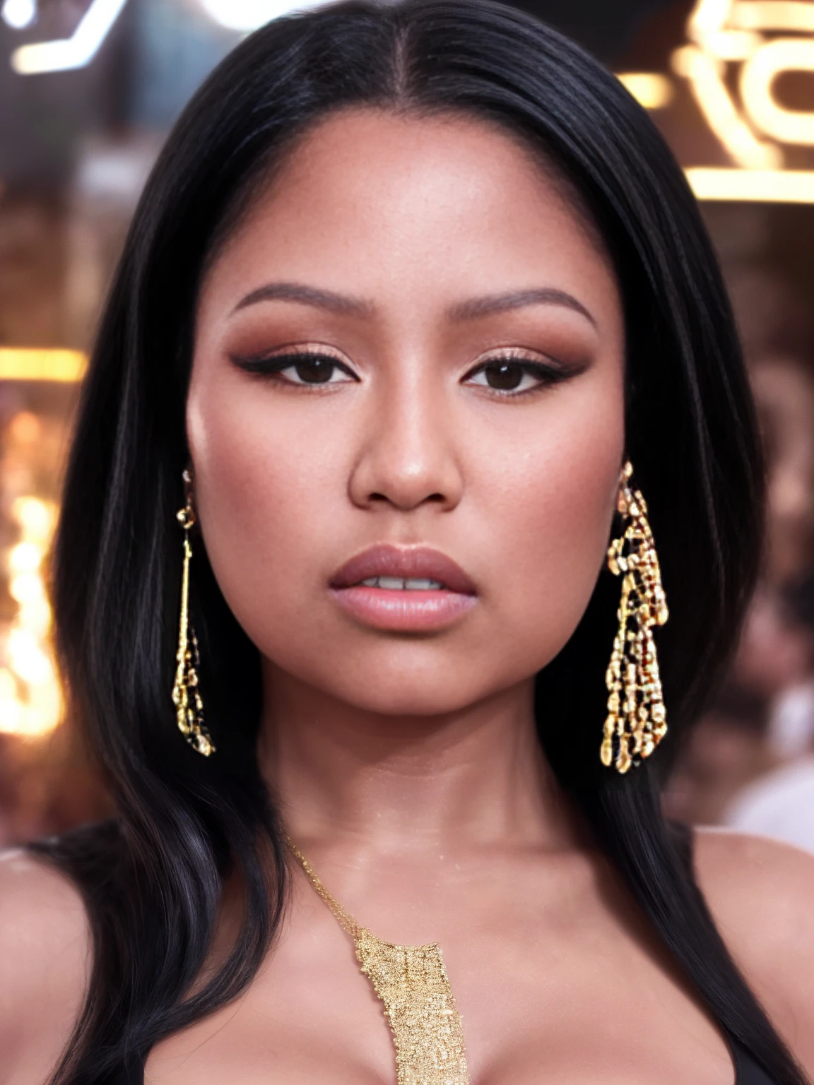 ((THE GIRL IS NICKI MINAJ 1.5)), ((NSFW 1.3, PORN 1.3, NAKED 1.3, EXPOSED VAGINA 1.2, EXPOSED BREASTS 1.2)), ((Nicki Minaj is a famous rapper 1.2, lots of bling 1.2 1.2, lots of jewelry 1.2, holding lots of dollar bills 1.2, gold chain necklace 1.2, designer cap full of jewels 1.2)), ((FULL BODY SHOT 1.3)), ((20 year old girl 1.2, naughty seductive smile 1.2)), ((beautiful light brown woman 1.2, short shoulder length hair 1.2, short and curvy girl 1.2, very curvy body 1.2, voluptuous 1.2)), ((big breasts 1.2, very wide hips 1.2, curvy figure 1.2, extremely alluring figure 1.2)), ((perfect cleavage 1.2, perfect ass 1.2, perfect feminine body 1.2, perfect curvy proportions 1.2)), (masterpiece, best quality:1.2), 1girl, solo, (best quality,4k,8k,high resolution,masterpiece:1.2), realistic (1.37) girl, ((hyper realistic 1.2)), ((highly detailed face 1.2, Detailed facial features 1.2)), ((showing her ass to the viewer 1.2, twerking 1.2, dynamic action pose 1.2))), ((club 1.2, dance floor in a night club 1.2, disco lights 1.2, surrounded by dancing people 1.2))