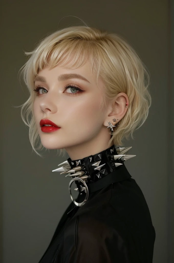 a close up of a woman with a pointed collar and red lipstick, spike necklace, pointed collar, colar de piercings, pointed collars, using spikes and piercings, short blonde hair with bangs, choker on the neck, punk hairstyle, girl with short curly blonde hair,  with short white hair, wearing black choker, black choker, punk style, wearing intricate black choker