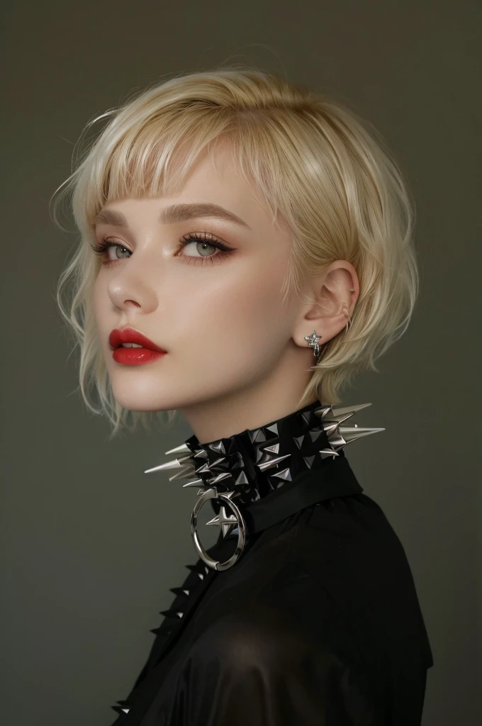 a close up of a woman with a pointed collar and red lipstick, spike necklace, pointed collar, colar de piercings, pointed collars, using spikes and piercings, short blonde hair with bangs, choker on the neck, punk hairstyle, girl with short curly blonde hair, with short white hair, wearing black choker, black choker, punk style, wearing intricate black choker