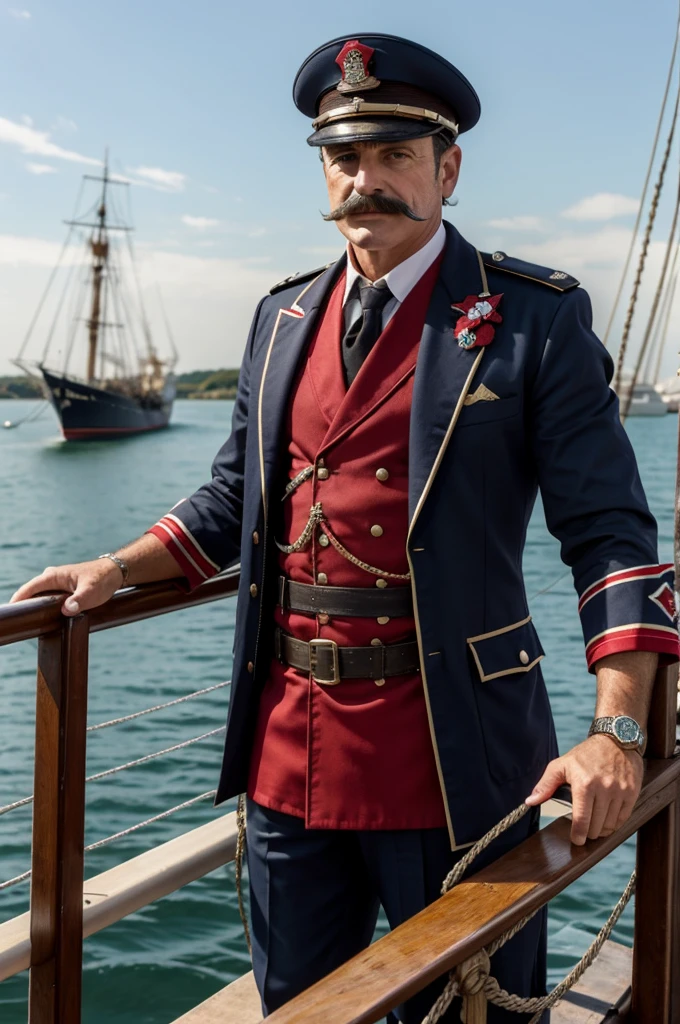 Le capitaine Hadock avec des moustaches de style guidon, il navique sur une vedette et porte une veste de vendeur Darty rouge