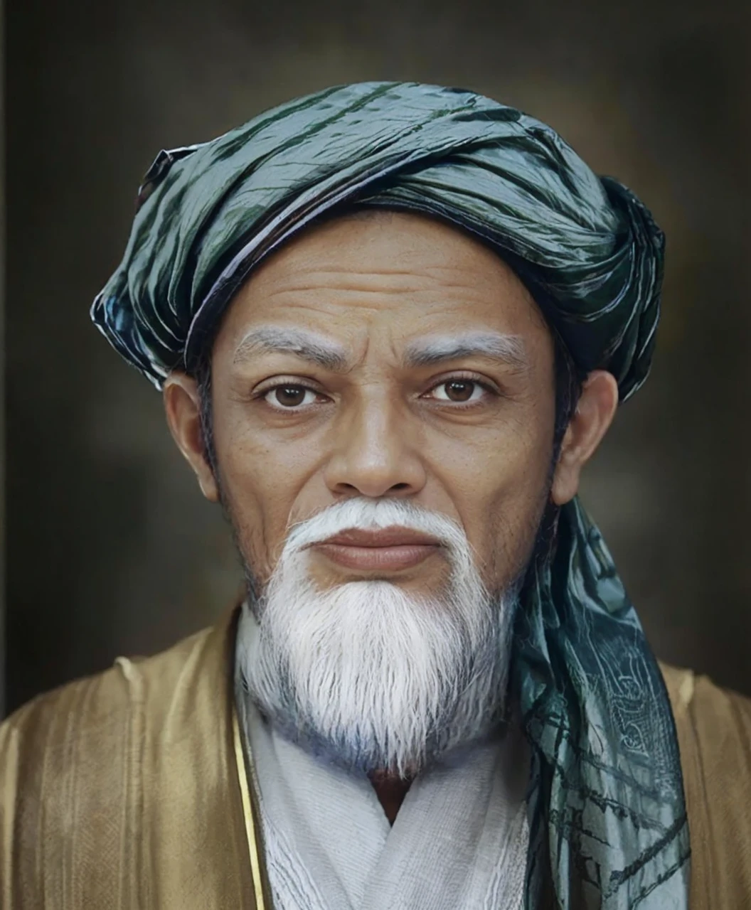 Muslim man, brown skin aged 50 years or over, wearing a shabby cloth robe, cloth turban. Hd realistic photos