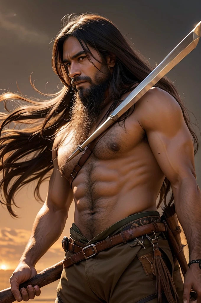A hunting man with long, straight hair and brown skin, beardless and wielding a spear