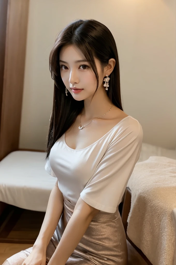 ((white t-shirt)), knee-length cotton pants, massage parlor,((full body)),((photo)),((best qualtiy, 8K, tmasterpiece:1.3)), Focus:1.2, perfect figure beautiful girl:1.4,1girl,cowboy shot,look at viewer,incredibly absurd, beautiful and cute girl with a photorealistic face, showcasing top-quality craftsmanship, Japanese woman working at a massage parlor, 20 years old, straight black hair down to the jaw line, silky and straight hair, fair and clear skin, small face, straight nose, large round brown eyes, long eyelashes, plump cherry-colored lips, well-defined eyebrows, clean-cut face, long neck, beautiful décolleté line, , delicate, slender, beautiful C-cup breasts, silver necklace, small earrings, pretty older woman, beautiful, neat, soothing, devilish type, calm demeanor, soft-spoken, curious, likes alcohol, likes to try new things, mature, June