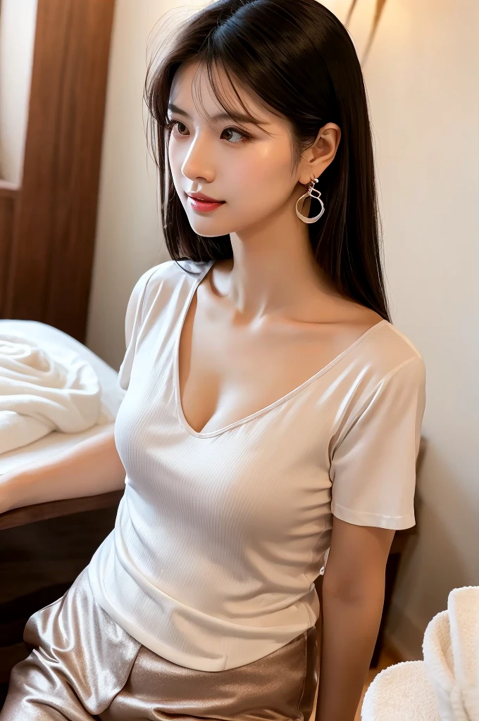 ((white t-shirt)), knee-length cotton pants, massage parlor,((full body)),((photo)),((best qualtiy, 8K, tmasterpiece:1.3)), Focus:1.2, perfect figure beautiful girl:1.4,1girl,cowboy shot,look at viewer,incredibly absurd, beautiful and cute girl with a photorealistic face, showcasing top-quality craftsmanship, Japanese woman working at a massage parlor, 20 years old, straight black hair down to the jaw line, silky and straight hair, fair and clear skin, small face, straight nose, large round brown eyes, long eyelashes, plump cherry-colored lips, well-defined eyebrows, clean-cut face, long neck, beautiful décolleté line, , delicate, slender, beautiful C-cup breasts, silver necklace, small earrings, pretty older woman, beautiful, neat, soothing, devilish type, calm demeanor, soft-spoken, curious, likes alcohol, likes to try new things, mature, June