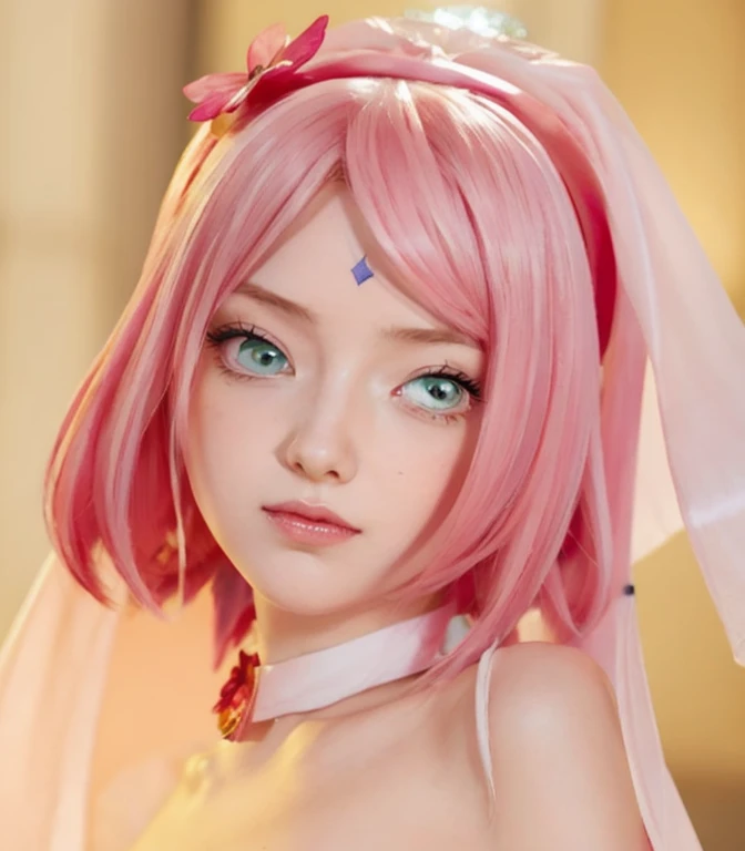 young woman pale skin, long bubblegum pink hair, pink eyebrows, big jade green eyes, buttoned nose, peach lips, small breasts, wide forehead, flower and butterfly kimono, Sakura Haruno, realistic, 3d
