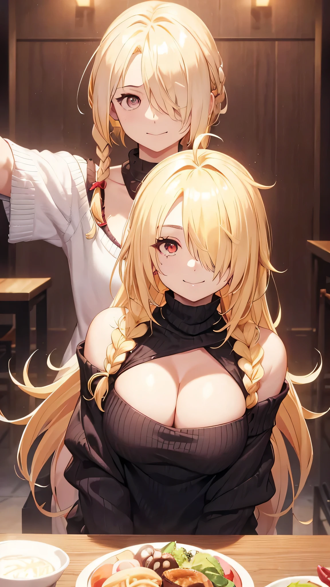 Cleavage、、smile、Show your hand, Put your elbows on the table, Slap in the face、Chest close-up, blonde　((((((Hair on one eye)))))), Braided Style, Spiked Hair, Blunt bangs, Bob Hair, Braid, Ahoge　Red eyes, Off the shoulder, Knitted sweater