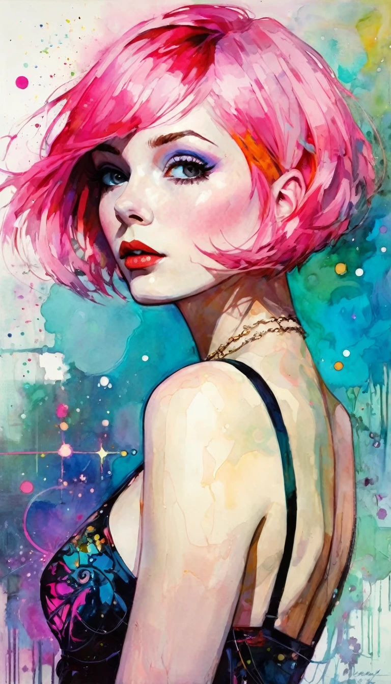 the star is a girl with short pink hair , work inspired by Bill Sienkiewicz, vivid colors, intricate details, oil.