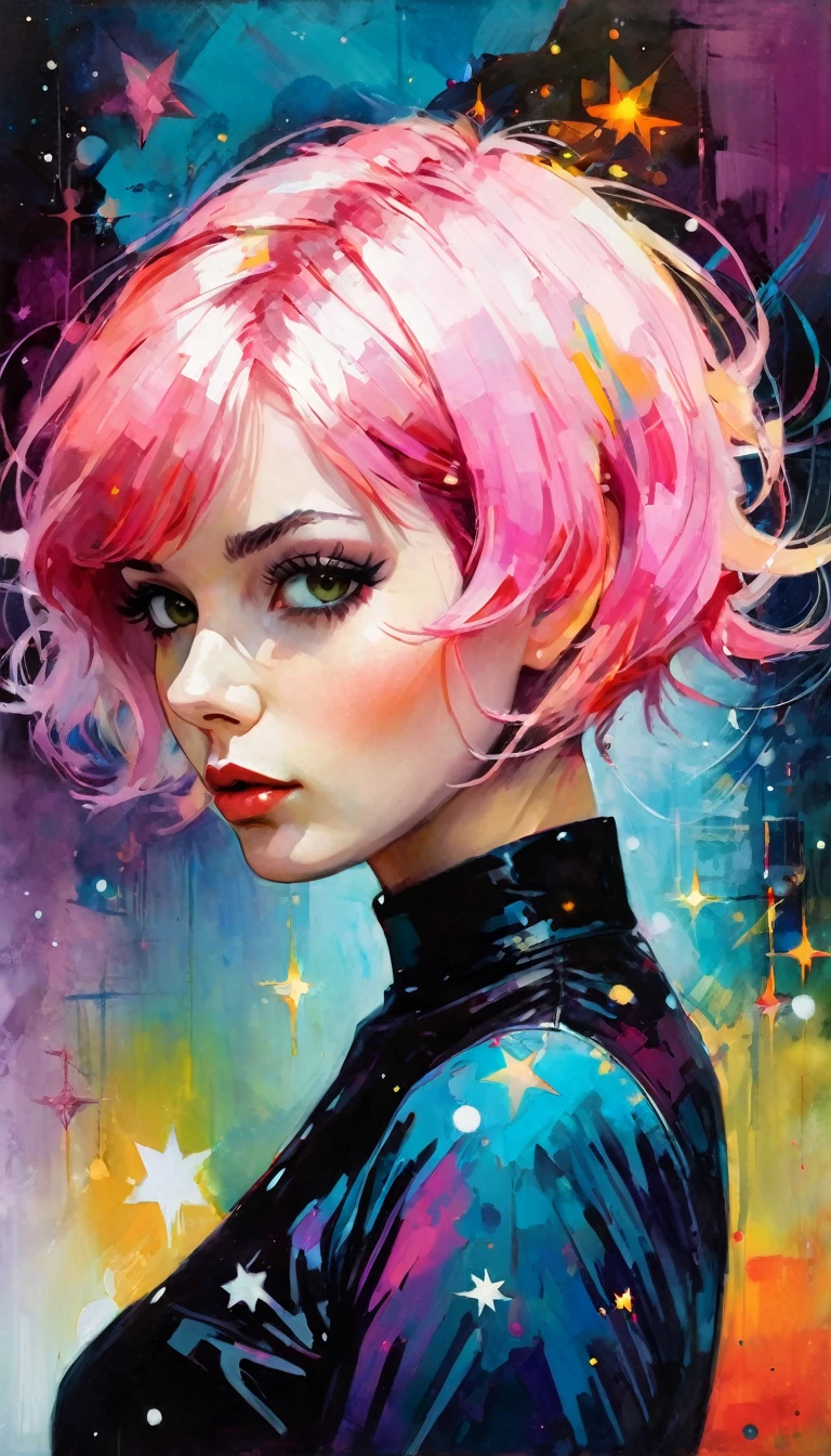 the star is a girl with short pink hair , work inspired by Bill Sienkiewicz, vivid colors, intricate details, oil.