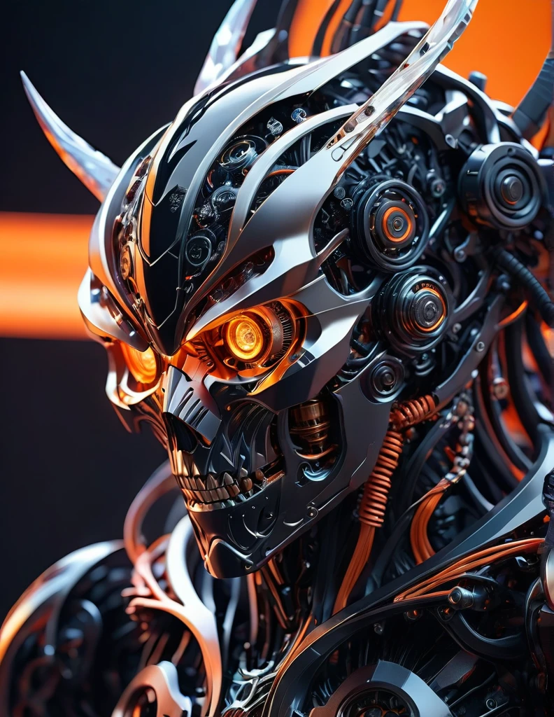 Complex 3d rendering ultra-detailed Ichigo Kurosaki , biomechanical robot, simulated 150mm shot, beautiful natural soft edge light, crystal , roots, delicate  lace, colorful details, screws , intricate details, mesh threads, mandelbro fractals, body muscles, cable wires, microchips, badasses, surreal, ultra-detailed, octane rendering, gears, volumetric lighting, 8k post-production, balck and orange with a touch of black, metallic skeleton details, samurai , futuristic Ichigo Kurosaki , power of Ichigo Kurosaki , futuristic room background , 