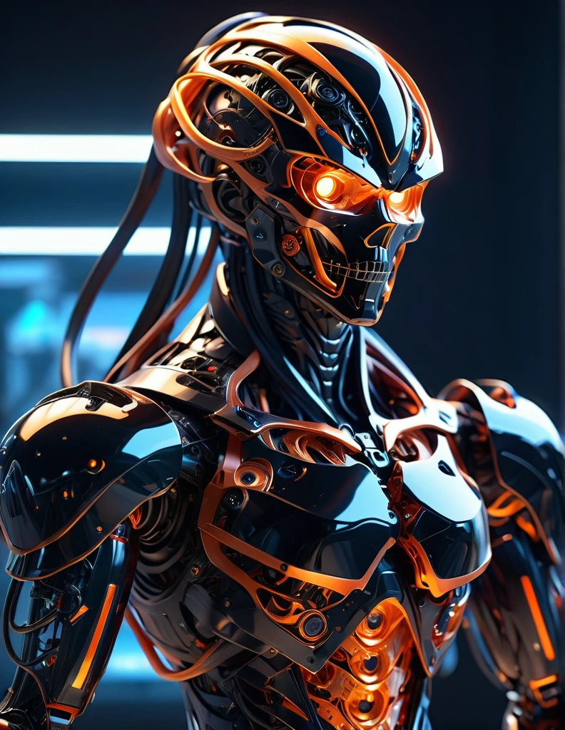 Complex 3d rendering ultra-detailed Ichigo Kurosaki , biomechanical robot, simulated 150mm shot, beautiful natural soft edge light, crystal , roots, delicate lace, colorful details, screws , intricate details, mesh threads, mandelbro fractals, body muscles, cable wires, microchips, badasses, surreal, ultra-detailed, octane rendering, gears, volumetric lighting, 8k post-production, balck and orange with a touch of black, metallic skeleton details, samurai , futuristic Ichigo Kurosaki , power of Ichigo Kurosaki , futuristic room background ,