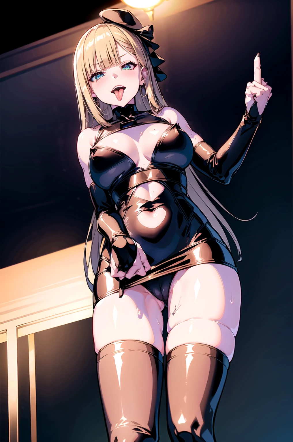 (最high quality, 8K, masterpiece: 1.3, Ultra HD, high quality, 最high quality, High resolution),1 girl,((Four Fingers,Middle finger:1.5)),(Five Fingers,Hands on hips:1.3),(Black bodycon dress:1.5),Black underwear:1.1,Micro Dress, Shiny Dress, (Elbow hand pockets:1.2), belly button:1.1, (Waist cutout:1.5),mini skirt, (Thigh-high socks:1.5),clavicle:1.1,Large areola,Puffy nipples, Huge breasts,O-ring:1.2, necklace, bracelet, Golden, jewelry,Hoop Earrings,pure,12 years old:2.0,Primary school students:2.0,Sweat:1.5,vapor:1.5,undefined,Big Tits:2.0,Glowing purple eyes:1.2,Looking at the audience,Absurd, brainwashing,Hollow Eyes:1.2,(long tongue:1.5),despise:1.7,Ecstatic expression:1.5,anger:1.7,excited:1.5,Taunt:1.5,beret,avert your eyes ,(cowboy shot),(night,Canopy bed bedroom:1.2),(from below:1.4), 最high quality、4K、8K、High resolution、非常にdetailed,Hyper HD、Studio Lighting、Ultra High Definition Paint,Physically Based Rendering、極限までdetailedに、Professional specifications、Vibrancy and color、Blurred,Game CG, Anime screenshots, Official Art,アニメ Big Tits,Perfect body,Improved cost performance,masterpiece,c最high quality, Official Art, extremely detailed CG unity 8K wallpaper,Sharp focus: 1.5, Very detailed CG unity 8K wallpaper, Dark cinema lighting, Shiny skin, Glowing Skin,detailed,