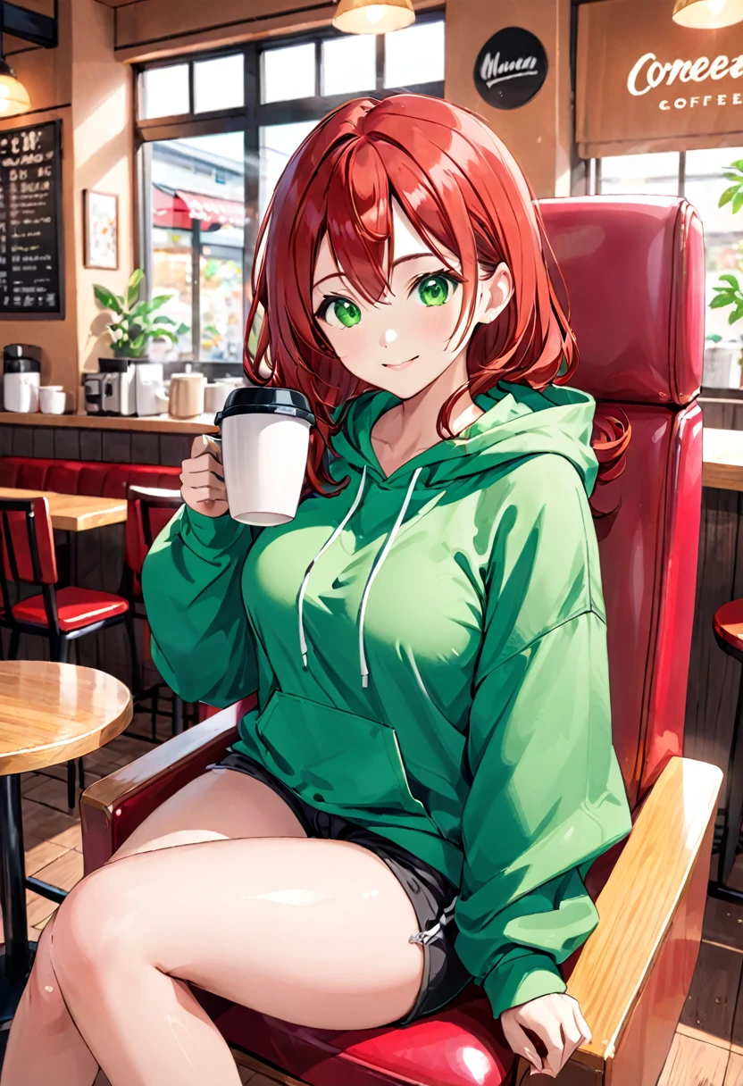 Pretty asian woman, bright red hair, green eyes, busty, black shorts and a green hoodie, cute, sitting in a big chair. Anime style, coffee shop environment, pretty smile