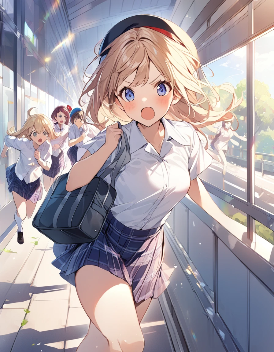 1girl(beret、Cotton shirt、Check skirt、school bag)morning、Female students running on the school route。