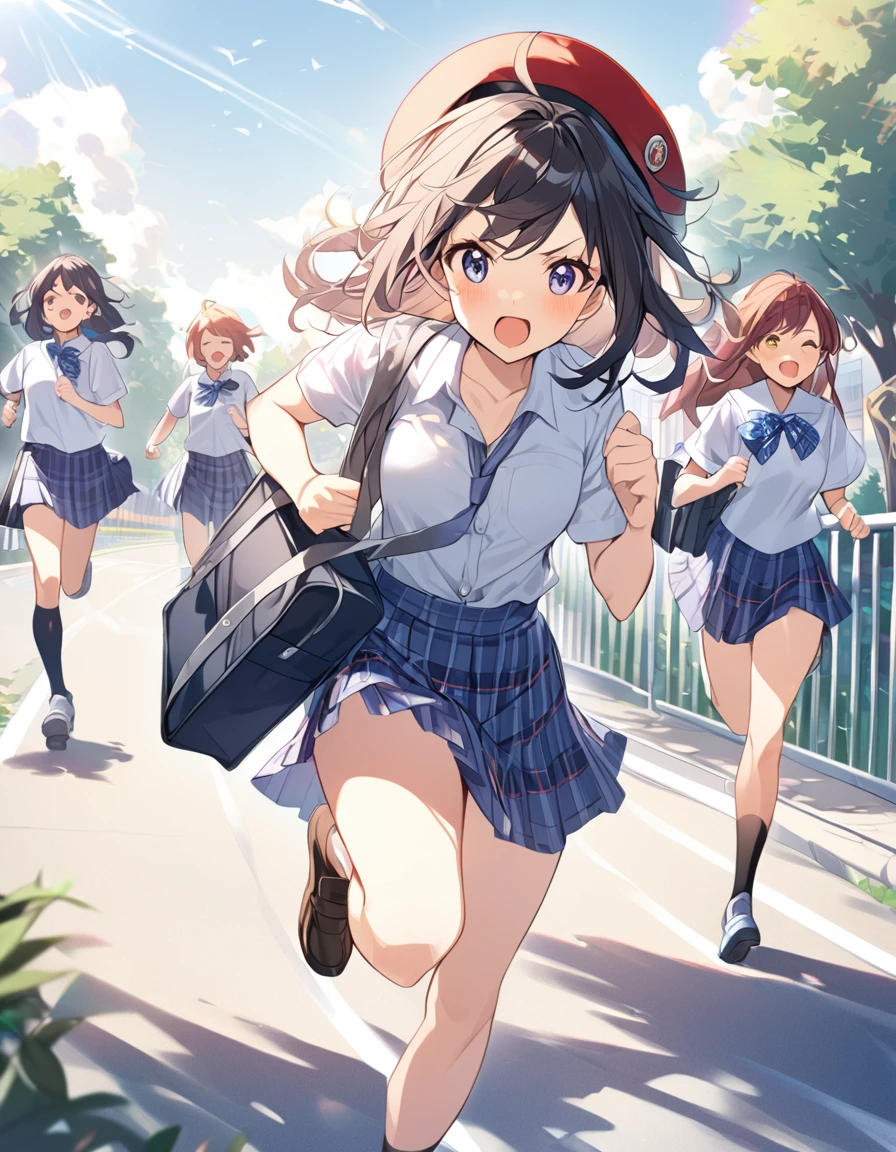 1girl(beret、Cotton shirt、Check skirt、school bag）morning、Female students running on the school route。