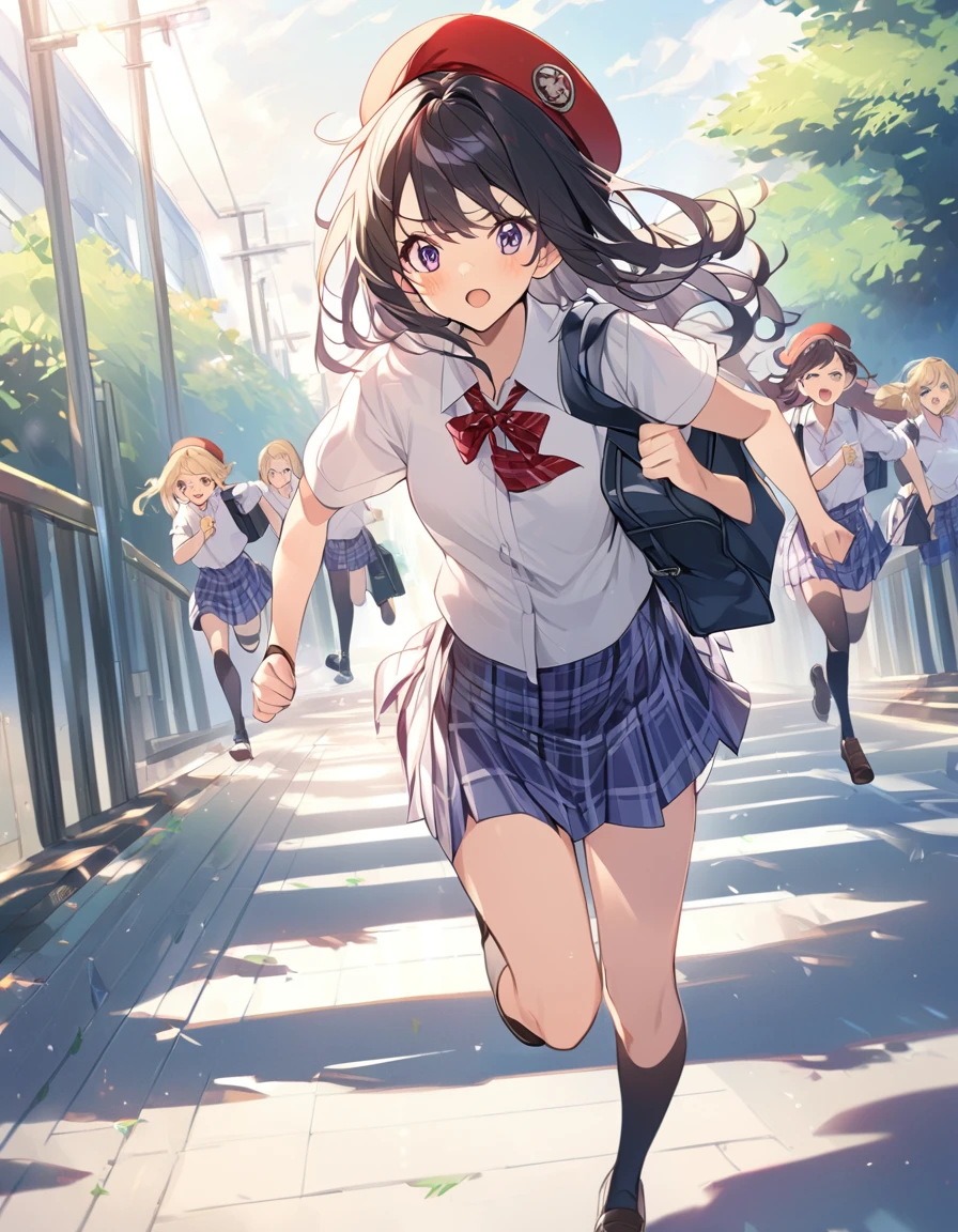 1girl(beret、Cotton shirt、Check skirt、school bag)morning、Female students running on the school route。