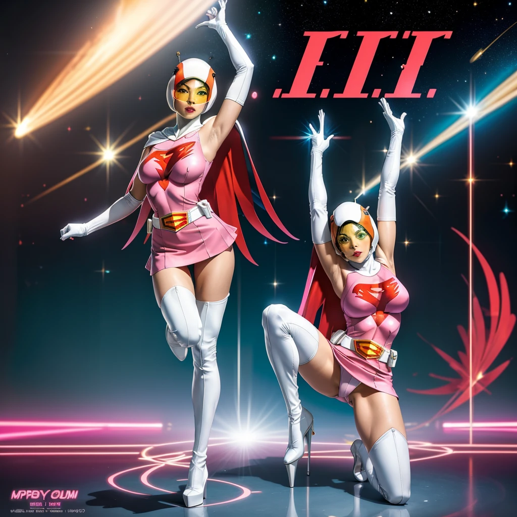 ANI_CLASSIC_jun_gatchaman_ownwaifu,1girl, ,good anatomy, masterpiece, best quality,realistic, hyperrealistic, 16k hdr,breasts,green eyes,lips,large breasts,lipstick,makeup,gloves,cape,helmet,belt,elbow gloves,white gloves,mask,ultra miniskirt,leotard,spacesuit,white tight overknee highheels boots,pink dress,superhero,bodysuit,cleavage,erected nipples,((standing pose,spread legs, arms up straight)),cameltoe