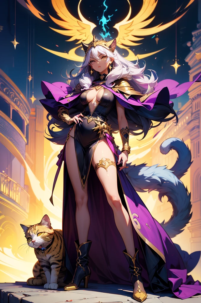 There is lost coliseum there stand female lioness in battle stance, she have ebony colour skin beautiful yellow cat eyes dark gold eyeshadows make up, ring style earrings, her hair is purple with pink highlights . she dressed in white neather topic with golden parts on countures also short and white leather straps on her cat legs instead of boots, her hands have hude ruby claws on her fingers, (ultra high quality fantasy art, anime fantasy style, masterpiece, ultra high quality character design, 8k quality anime art, realistic anime art, top quality wallpaper illustration, detailed ultra high quality accurate face, high quality design and accurate physic)