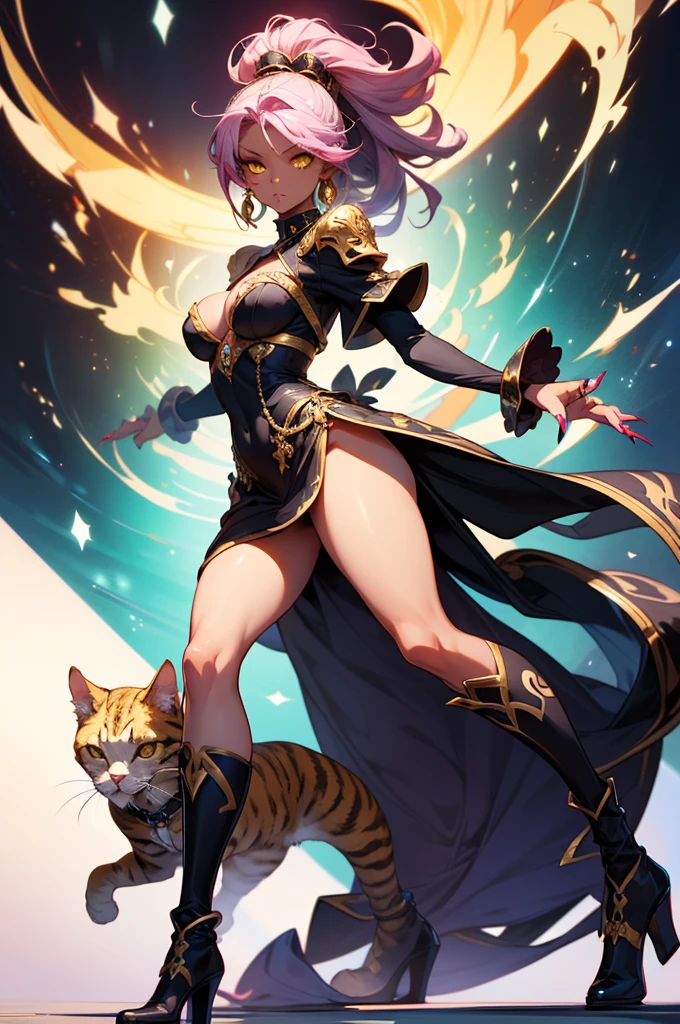 There is lost coliseum there stand female lioness in battle stance, she have ebony colour skin beautiful yellow cat eyes dark gold eyeshadows make up, ring style earrings, her hair is purple with pink highlights . she dressed in white neather topic with golden parts on countures also short and white leather straps on her cat legs instead of boots, her hands have hude ruby claws on her fingers, (ultra high quality fantasy art, anime fantasy style, masterpiece, ultra high quality character design, 8k quality anime art, realistic anime art, top quality wallpaper illustration, detailed ultra high quality accurate face, high quality design and accurate physic)