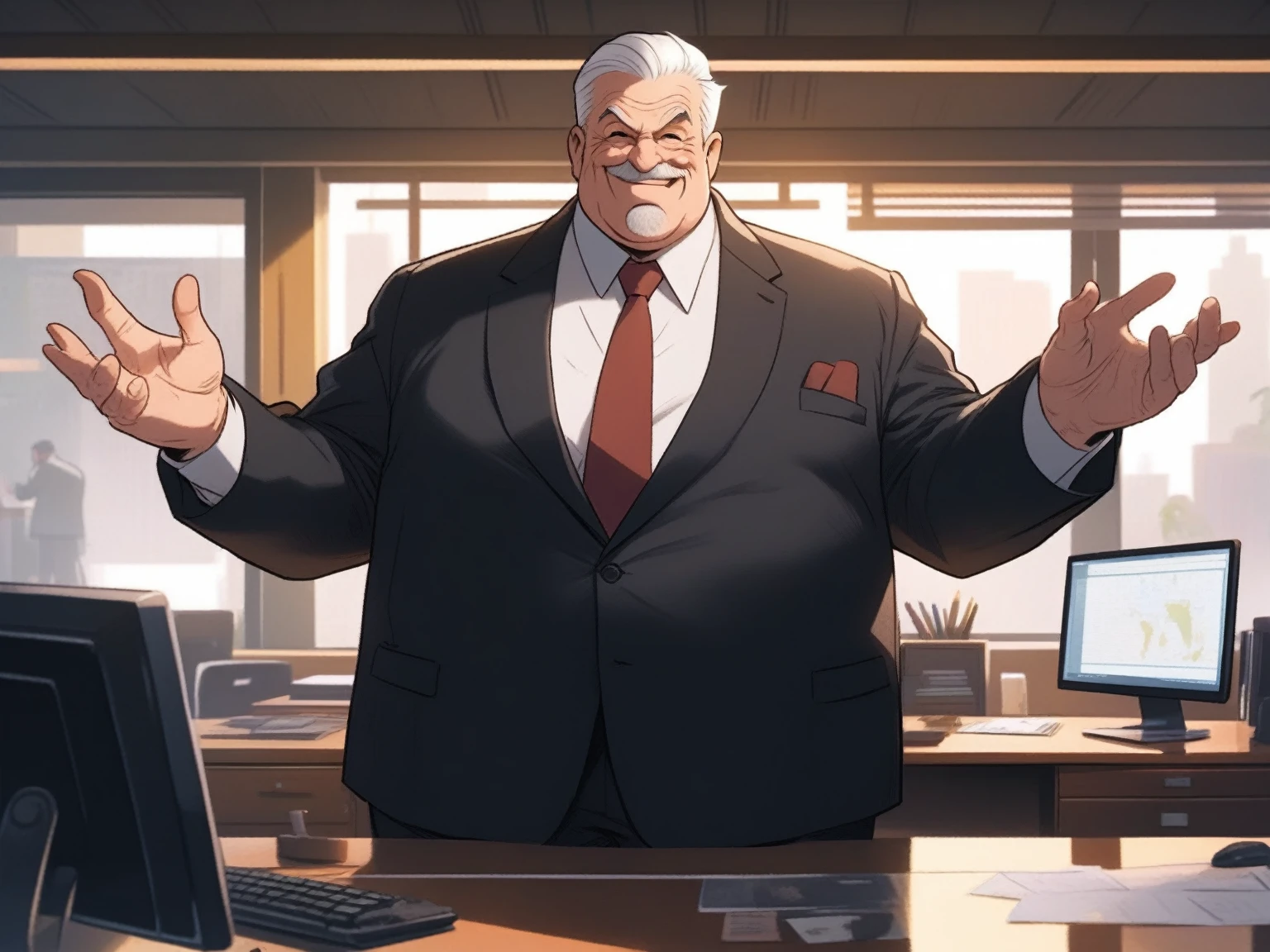 children's picture books,crayon paintings, blushes, 1 old man, fat, mafia boss, 45 years old, black expensive suite, white short hair, tattos, opening his hand wide welcoming, standing near his desk , happy in his office