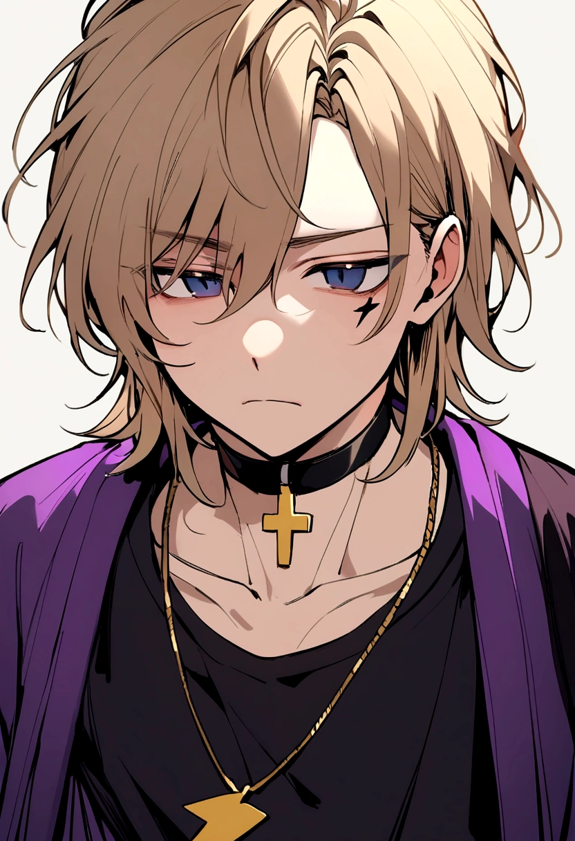 Man about seventeen. Long blond brown hair fluffed. Dark blue sad eyes, A frown on his face. average height, Wearing a black t-shirt, black pants, purple haori on top. Lightning bolt tattoo under right eye. Choker with a yellow cross on the neck. 