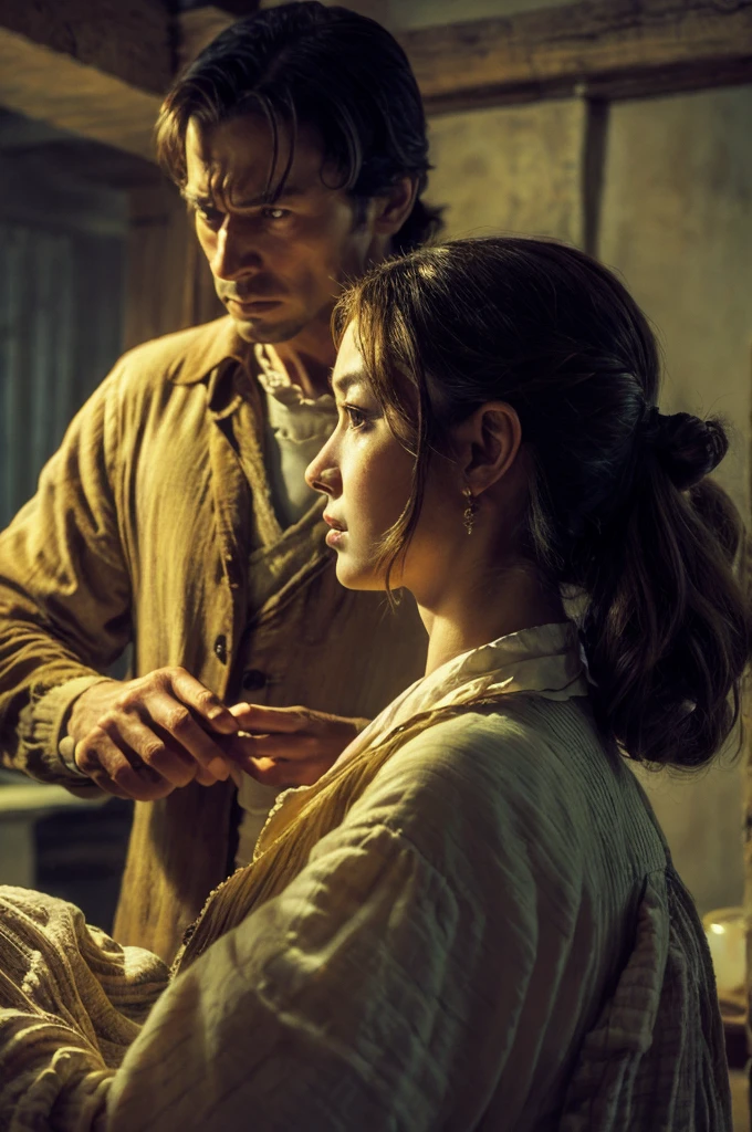 ((Best quality)), ((masterpiece)), (detailed), ((perfect face)), ((face focus)) "A mother and father, dressed in 19th-century attire, visibly angry at their son."