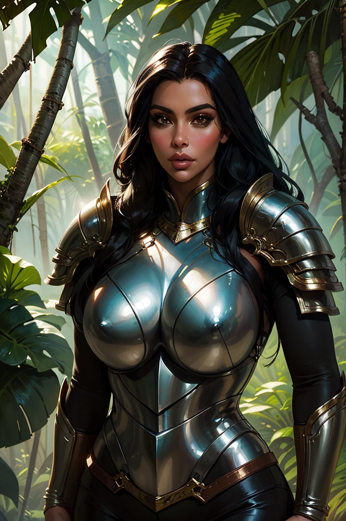 kim kardashian, ((Beautiful )), hourglass figure, large breasts, brown eyes, black hair, seductive face, tan skin, leather armor, queen jungle, jungle, fantasy theme, masterpiece, best quality, ultra detailed, realistic
