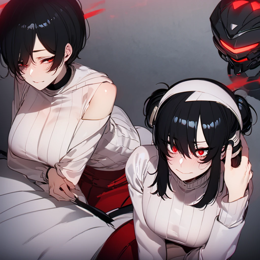 Black_hair, red_eyes, 1_girl, white_sweater, black_skirt, shy_face, cute_face, girly_face, ????_face