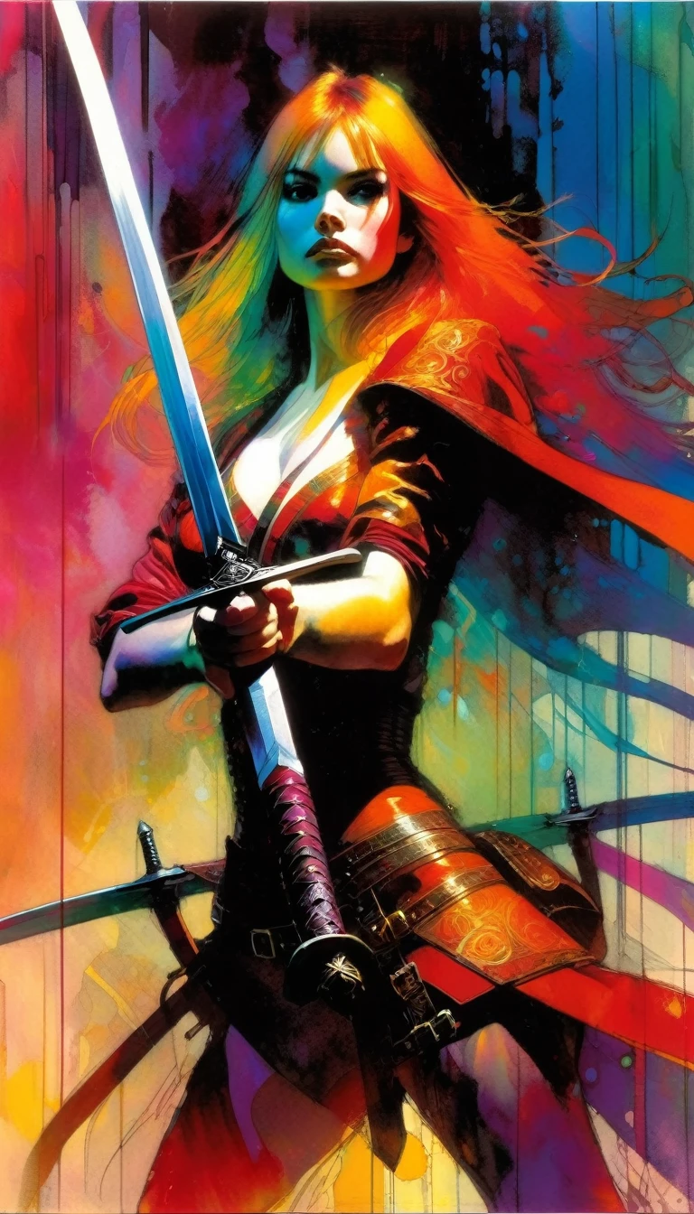 girl with two swords, ((two swords)) work inspired by Bill Sienkiewicz, vivid colors, intricate details, oil.
