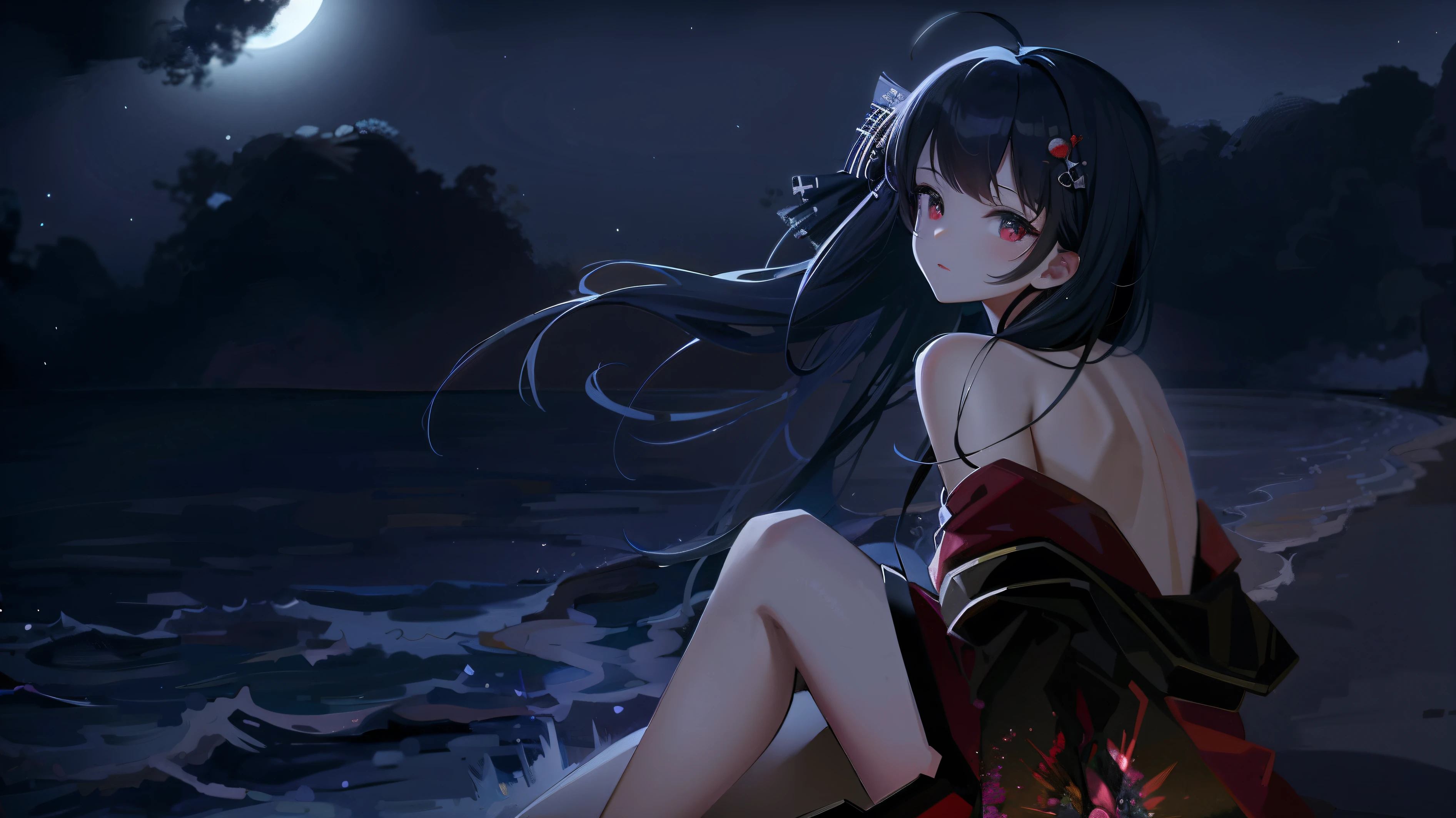 Anime girl sitting on the beach at night，Background - full moon。, 4K Anime wallpaper, anime art wallpaper 8k, anime art wallpaper 4k, anime art wallpaper 4k, Anime wallpaper 4k, Anime wallpaper 4к, Night club, Scene from《Lazurny Lane》video game, Beautiful anime, anime style4 K, HD Anime wallpaper, Anime wallpaper