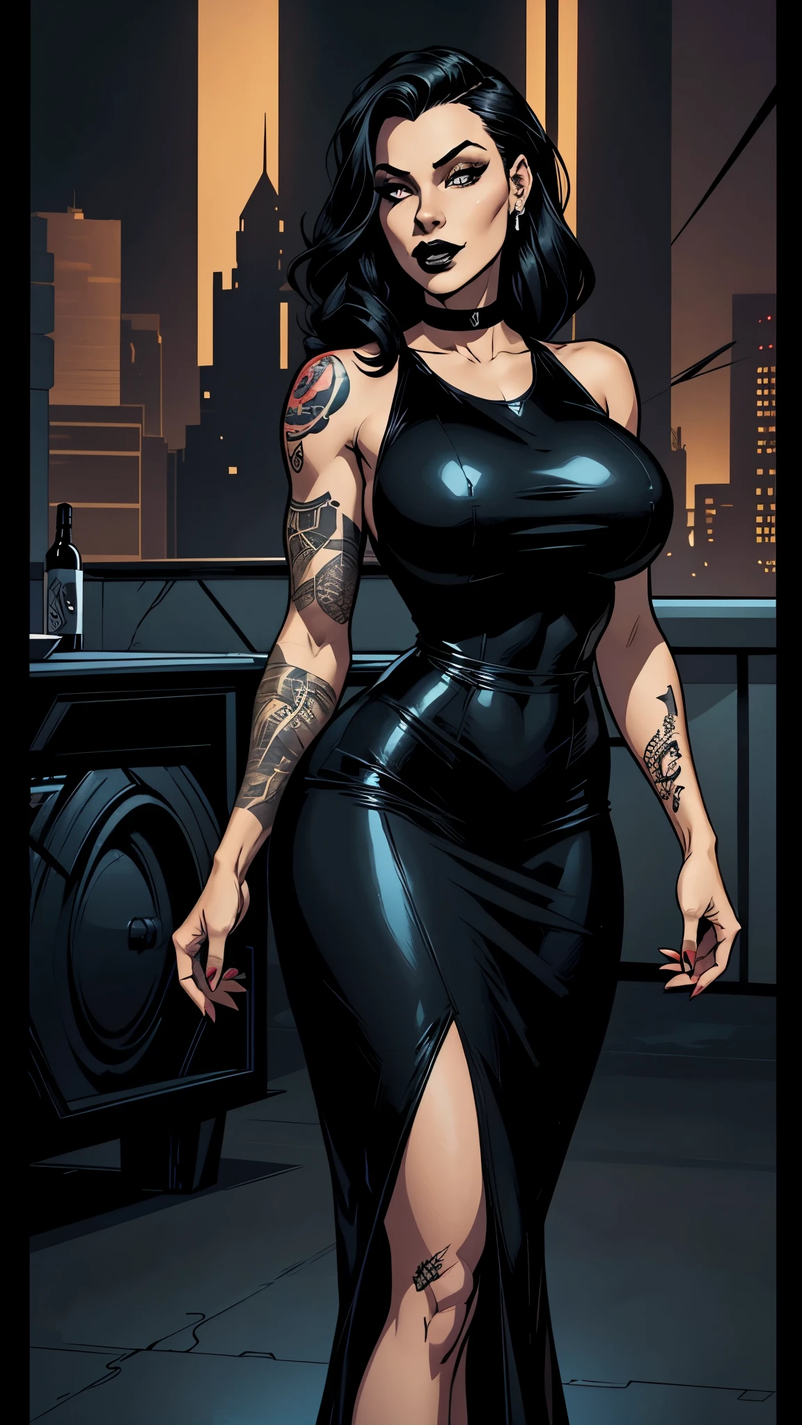 white rocker girl, black hair, elegant black dress. super sexy, piercings and tattoo on her body. Big ass, Most beautiful woman in the world. Darker. Black lipstick. Busty. Comic style.marvel comics style