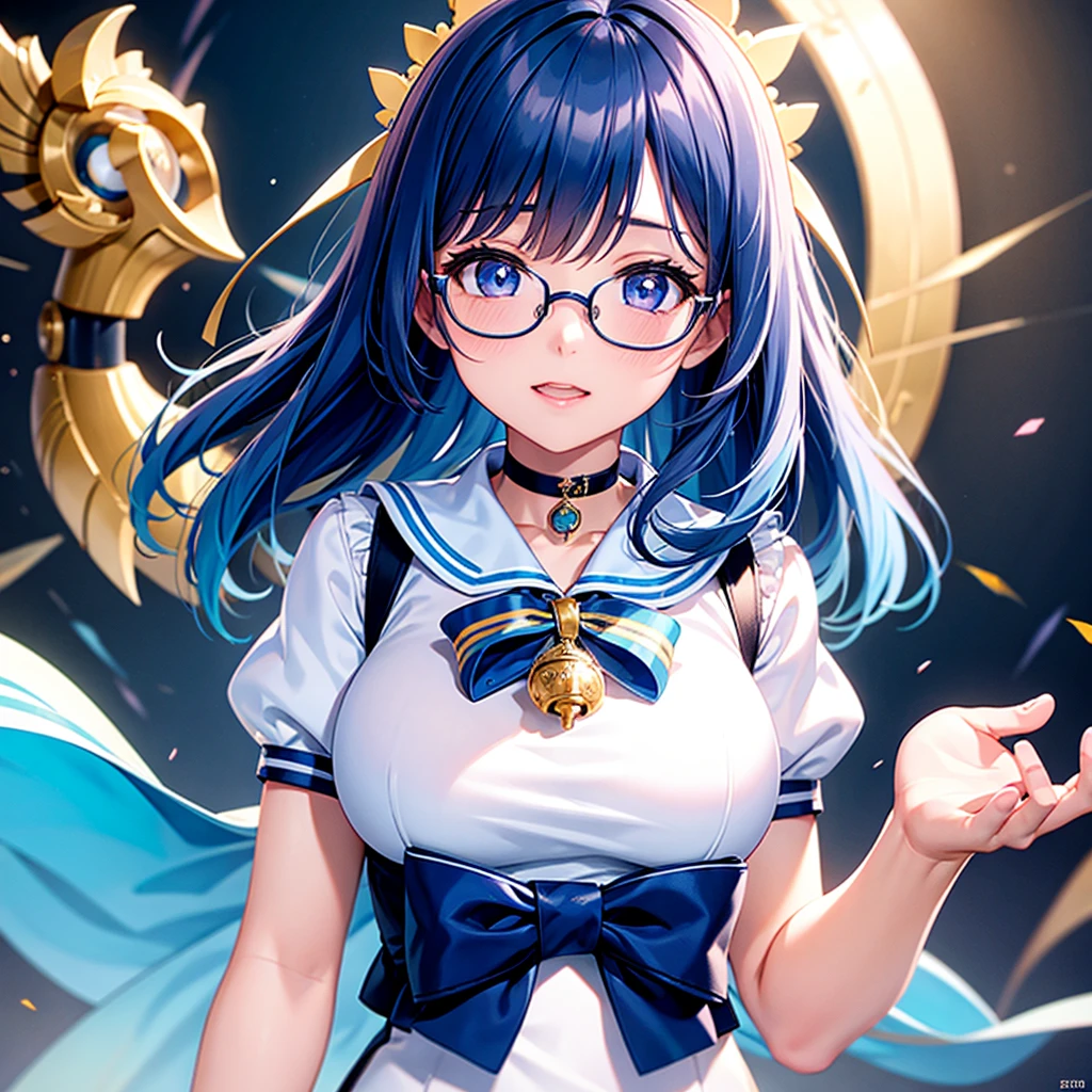 (the Extremely Detailed CG Unity 8K Wallpapers)、top-quality、solo、1girl in、beatiful detailed eyes、Bright pupils、(extremely delicate and beautiful)、(Beautiful and detailed eyes description)、Ultra-detail、masterpiece、))、Colossal 、atlibrary、Put your hands on your chest、Photorealsitic、Sailor Mercury、lightblue hair、Big buttocks、student clothes、eye glasses、buruma、short-cut