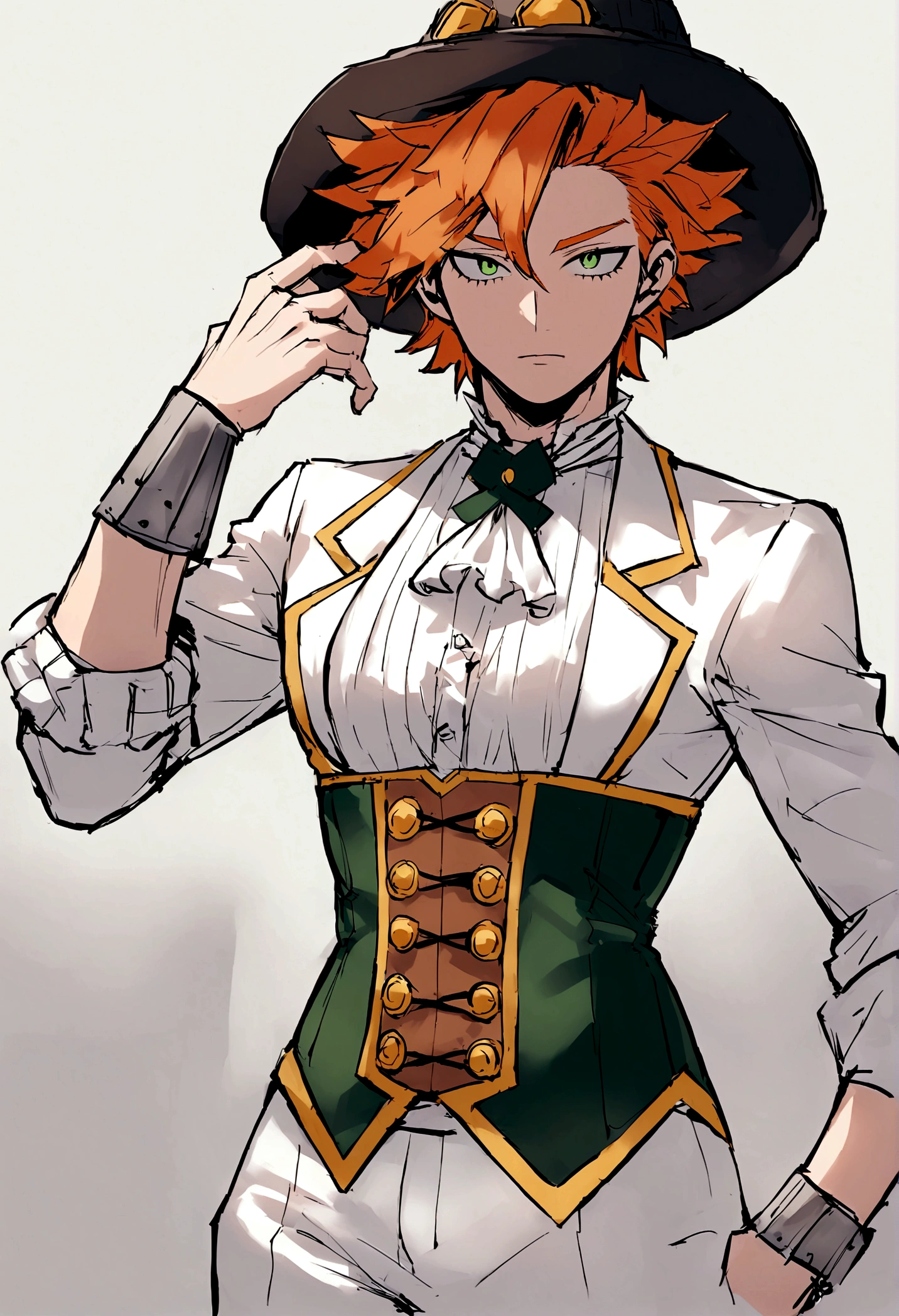 HERO COSTUME BASED ON BOKU NO HERO ACADEMIA, must look like a magician. It should be a masculine suit for a slim body. Includes a witcher&#39;s hat and corset. The model must have orange hair, light skin and green eyes. THE MODEL MUST BE A MALE.