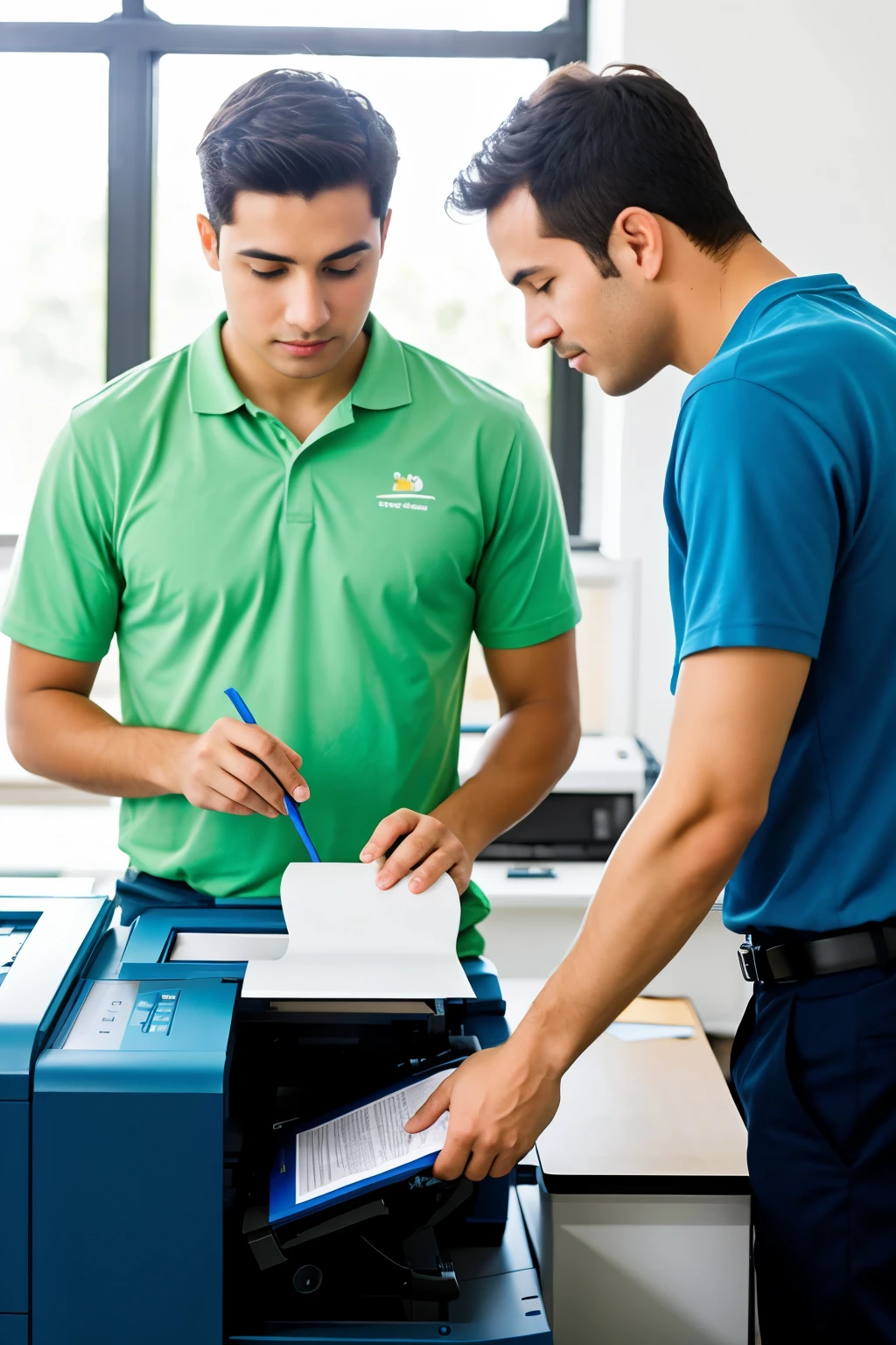 three men fixing printers