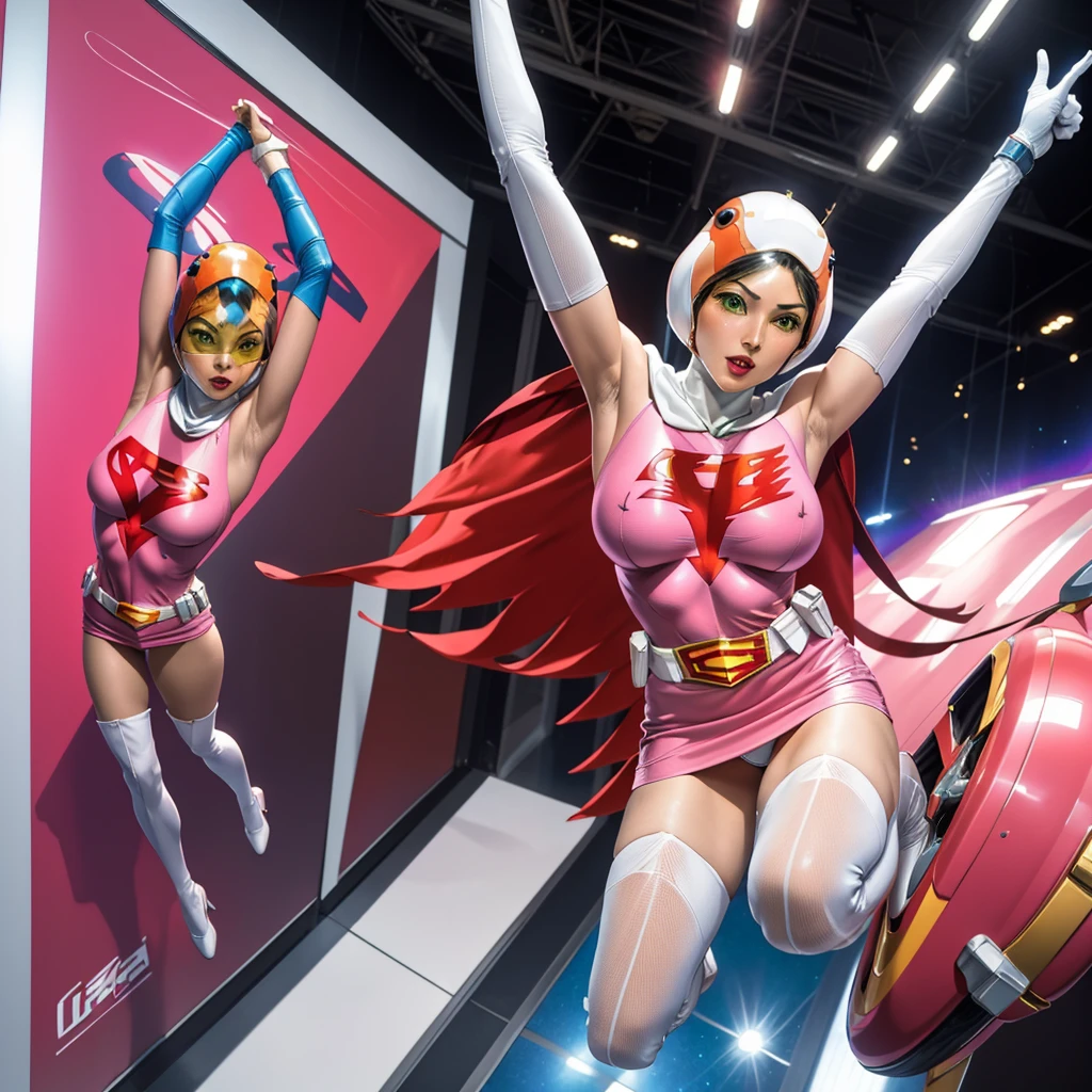 ANI_CLASSIC_jun_gatchaman_ownwaifu,1girl, ,good anatomy, masterpiece, best quality,realistic, hyperrealistic, 16k hdr,breasts,green eyes,lips,large breasts,lipstick,makeup,gloves,cape,helmet,belt,elbow gloves,white gloves,mask,ultra miniskirt,leotard,spacesuit,white tight overknee highheels boots,pink dress,superhero,bodysuit,cleavage,erected nipples,((jumping poses,arms up straight)),cameltoe