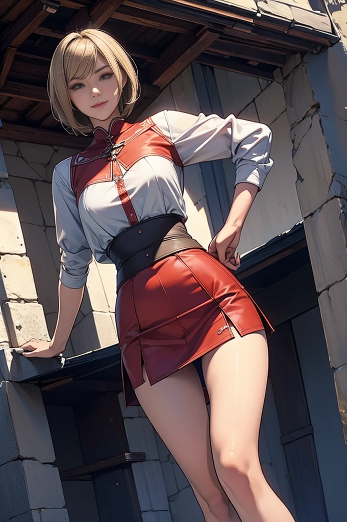 masterpiece, Highest quality, Absurd, Perfect Anatomy, One girl, alone, Asheria, Asheriaのコスチューム, Red Skirt, Extremely short miniskirt, short hair, Bobcut, Blonde, Pauldrons, Are standing, Outdoor, Fantasy, smile, Confident posture, Dynamic Angle,skirt lift up:1.5, show off micro panties,