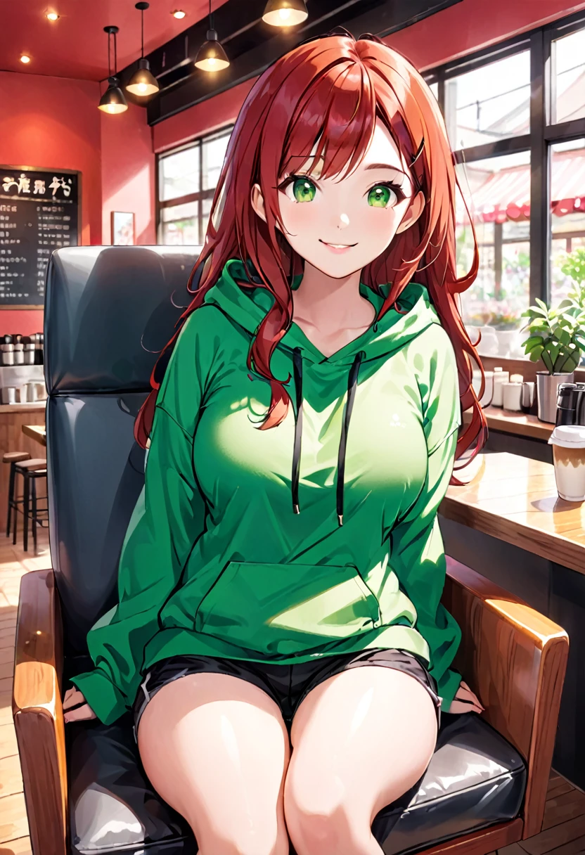 Pretty asian woman, bright red hair, green eyes, busty, black shorts and a green hoodie, cute, sitting in a big chair. Anime style, coffee shop environment, pretty smile