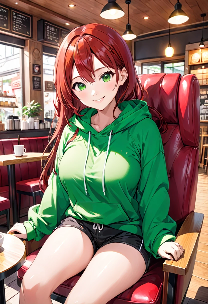 Pretty asian woman, bright red hair, green eyes, busty, black shorts and a green hoodie, cute, sitting in a big chair. Anime style, coffee shop environment, pretty smile