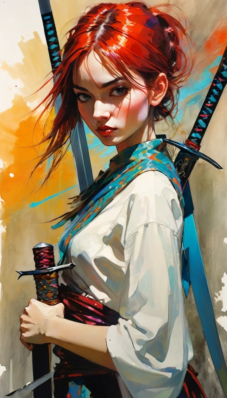 girl with two swords, ((two swords)) work inspired by Bill Sienkiewicz, vivid colors, intricate details, oil.