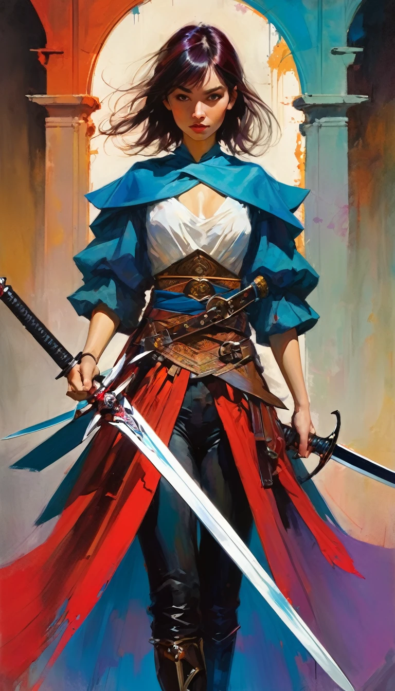 girl with two swords, ((two swords)) work inspired by Bill Sienkiewicz, vivid colors, intricate details, oil.