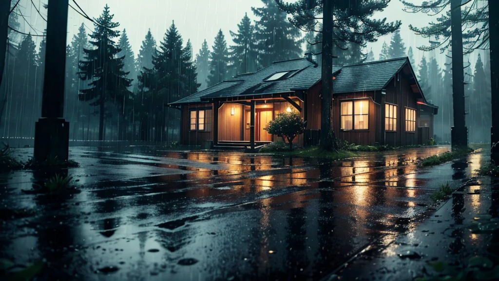 there is a house in the rain with a light on in wood, a lot of trees, rainy evening, rainy scene, gloomy weather. hyperrealistic, rainy day. game render, rainy night, at evening during rain, raining at night, inspired by Gregory Crewdson, rain falling, late night raining, rain aesthetic, rainy day outside, atmospheric establishing shot, rainy outside