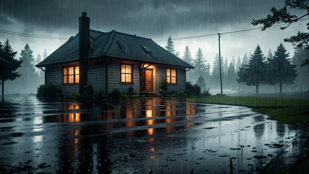 there is a house in the rain with a light on in wood, a lot of trees, rainy evening, rainy scene, gloomy weather. hyperrealistic, rainy day. game render, rainy night, at evening during rain, raining at night, inspired by Gregory Crewdson, rain falling, late night raining, rain aesthetic, rainy day outside, atmospheric establishing shot, rainy outside