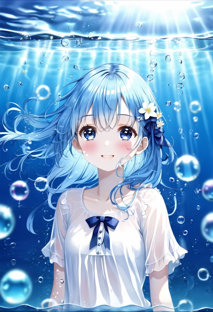 (Highest quality)), ((masterpiece)), ((Super detailed)), (Very delicate and beautiful), bright sky blue hair, watery hair, Bright sapphire eyes, Fair skin, Beautiful woman, Sheer white shirt, Sheer navy blue silk shorts, Navy Blue Ribbon Tie, Pearl decoration, Underwater world, Cold Background, Air bubbles, Water bubbles, Underwater, Cute Smile, Relaxed facial expression, Long hair with delicate wavy, Blue and white flowers in hair