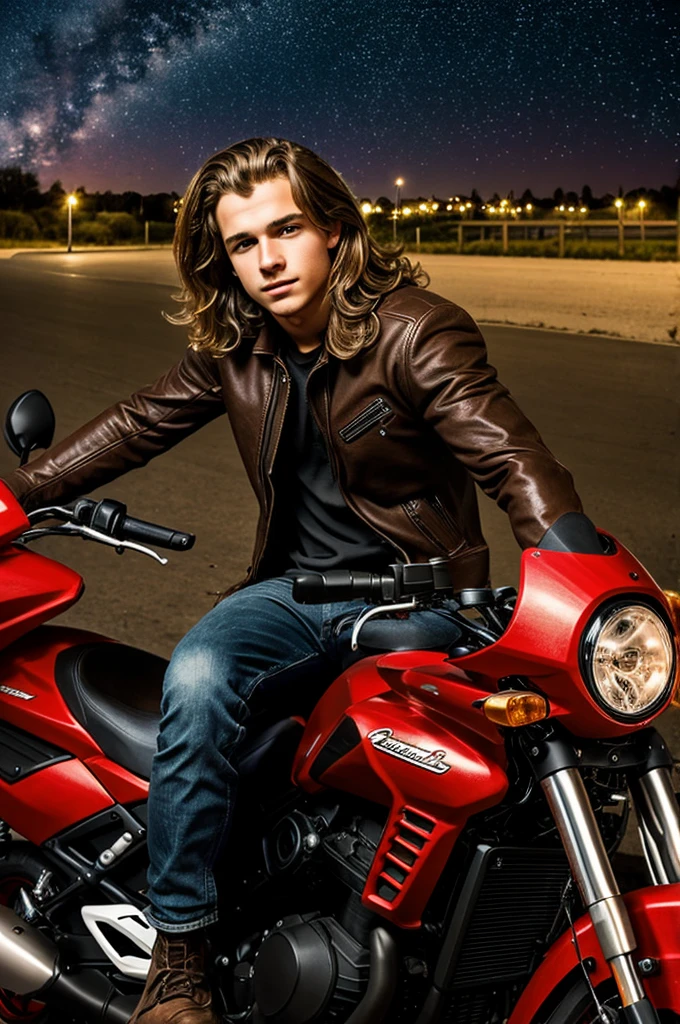 18 year old boy with wavy brown blonde hair riding a red black motorcycle under a starry sky