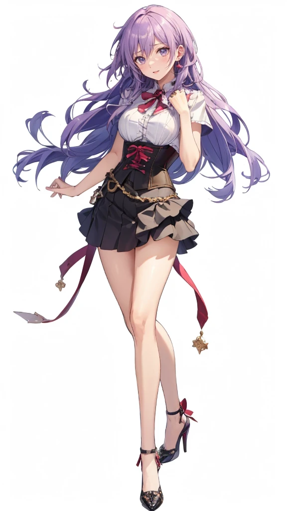 ((Perfect Face)),Purple Hair,Adult female,White shirt,((Shirt with rolled up sleeves)),(((Roll up your sleeves))),((corset)),short skirt,(High heels),((Simple White Background)),((full body)),((Full Body)),