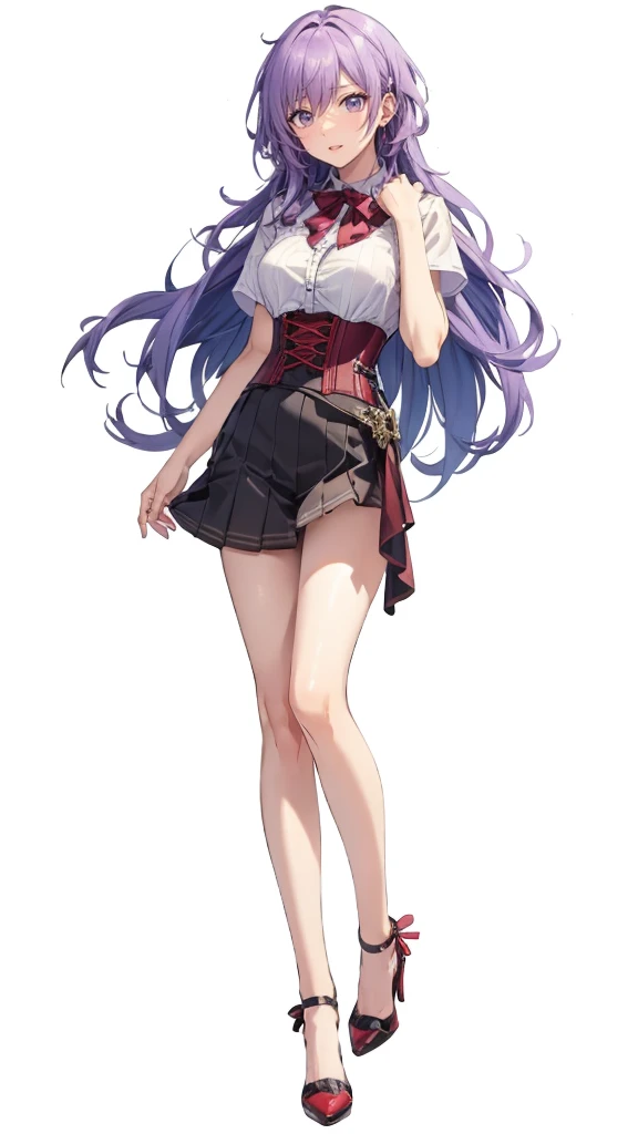 ((Perfect Face)),Purple Hair,Adult female,White shirt,((Shirt with rolled up sleeves)),(((Roll up your sleeves))),((corset)),short skirt,(High heels),((Simple White Background)),((full body)),((Full Body)),